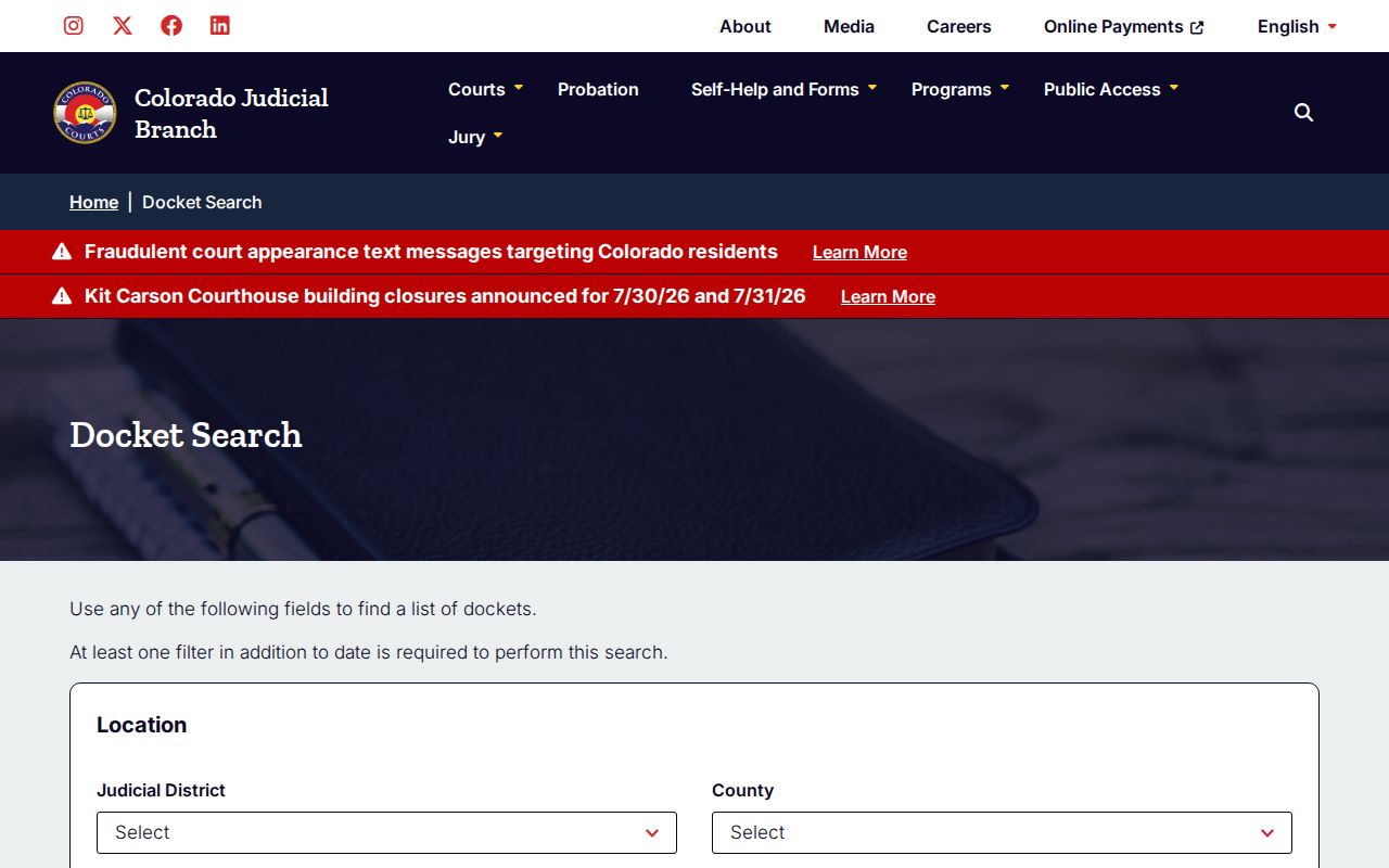 Delta County court records docket search fields from Colorado Judicial Branch