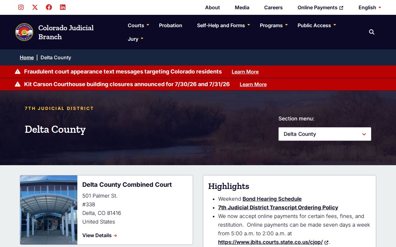 Delta County court records page on Colorado Judicial Branch